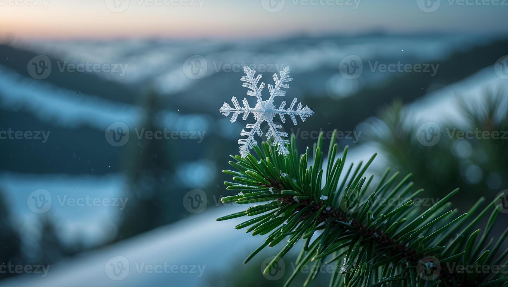 Snowflake Ornament on Pine Branch with Winter Landscape Background photo
