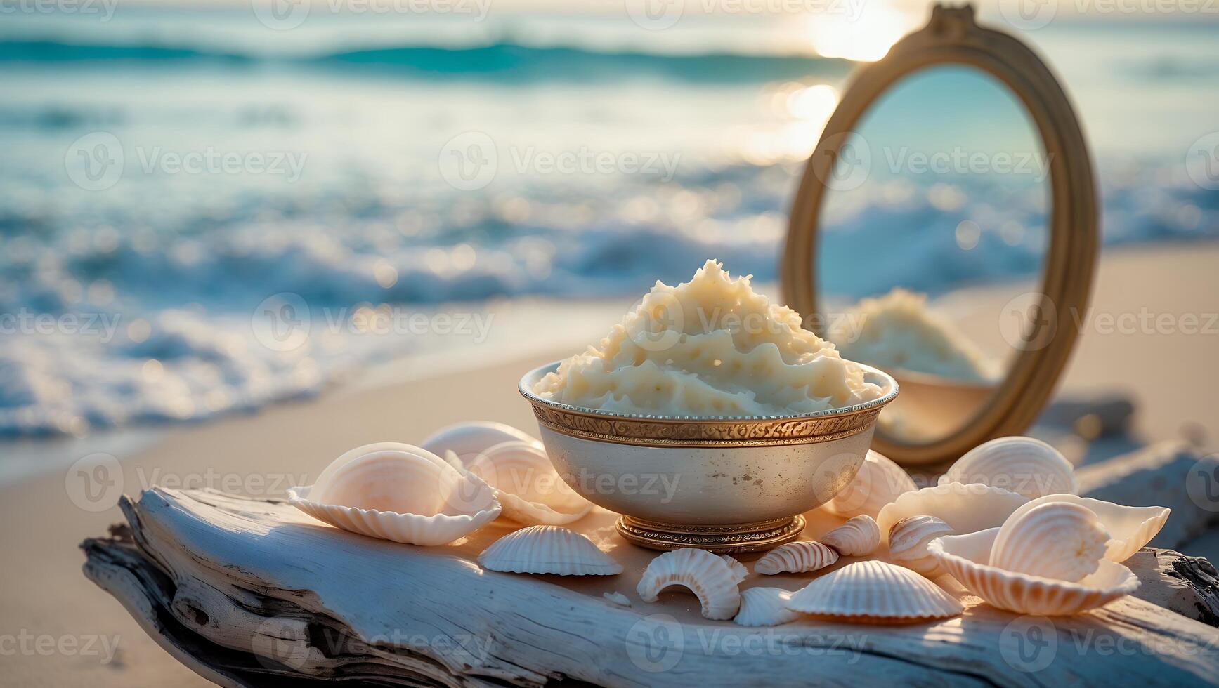 Creamy Dessert Served on Beach with Seashells and Mirror Reflection photo