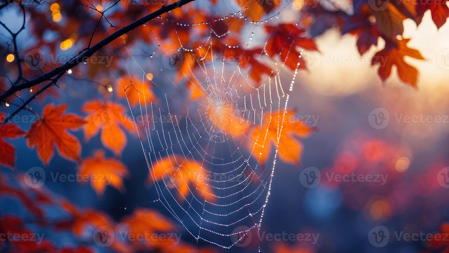 Spiderweb with Dew Drops and Autumn Leaves Capturing Golden Light photo