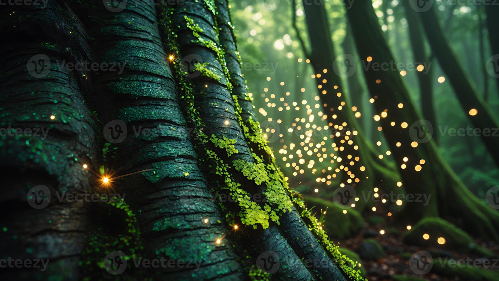 Tree Trunk in Enchanted Forest with Moss and Sparkling Lights photo