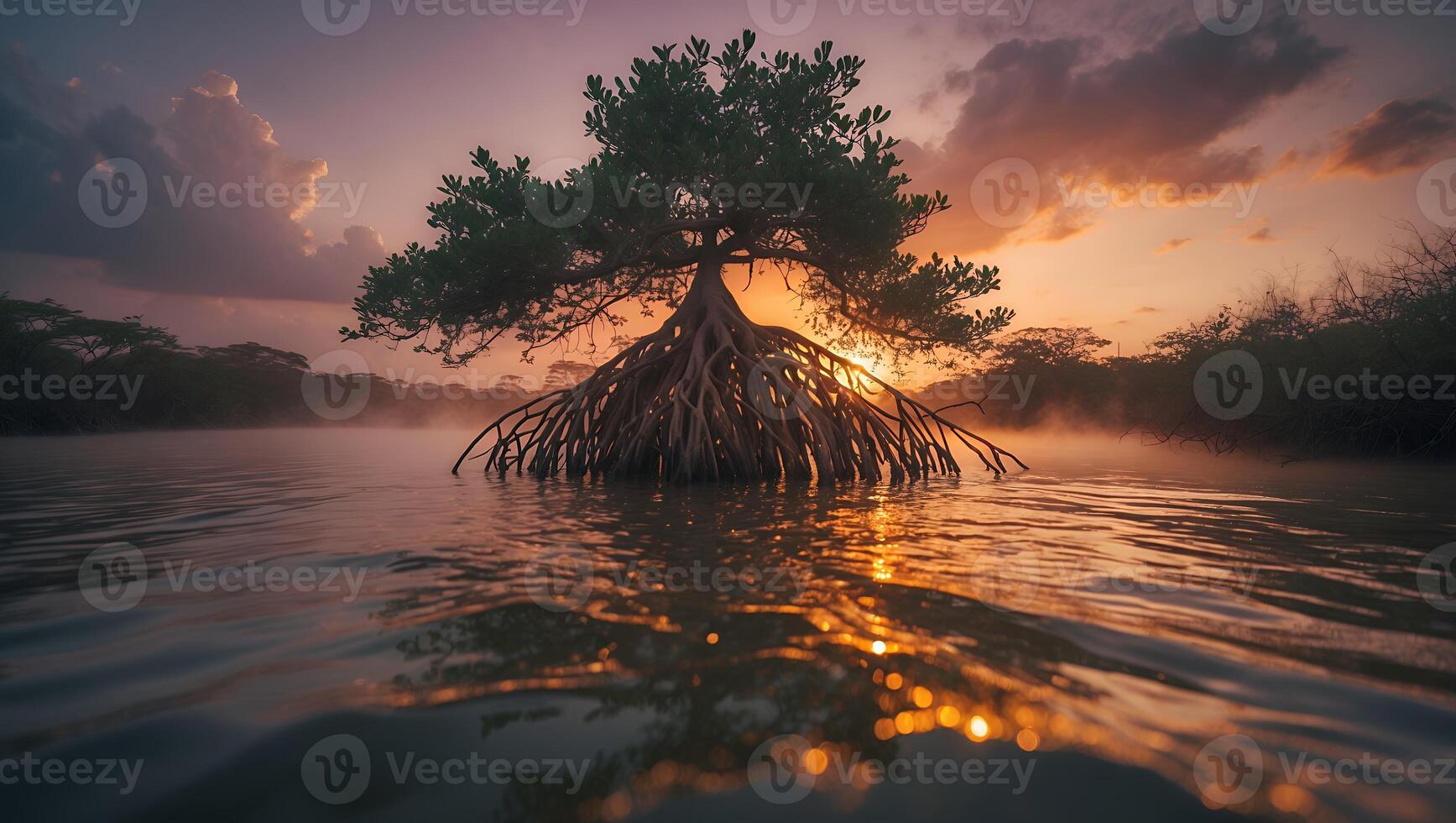 Mangrove Tree Rooted in Water at Sunset with Colorful Sky photo