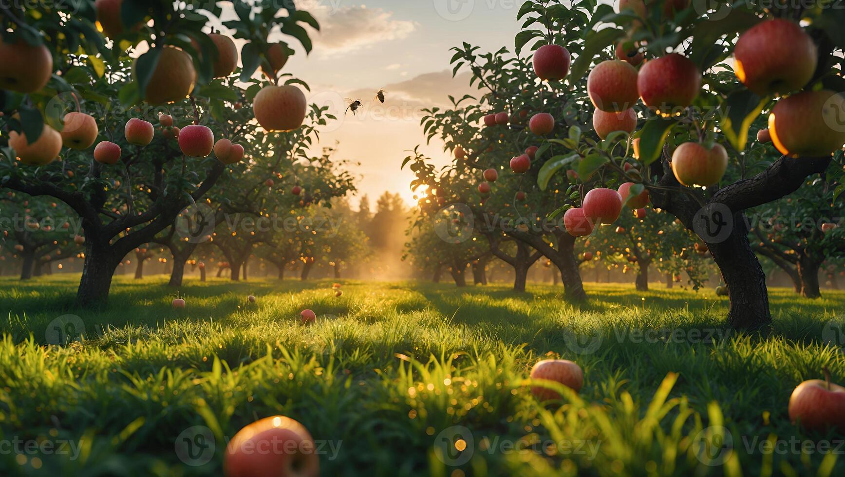 Apple Orchard at Sunset with Sunlight Through Trees and Grass photo