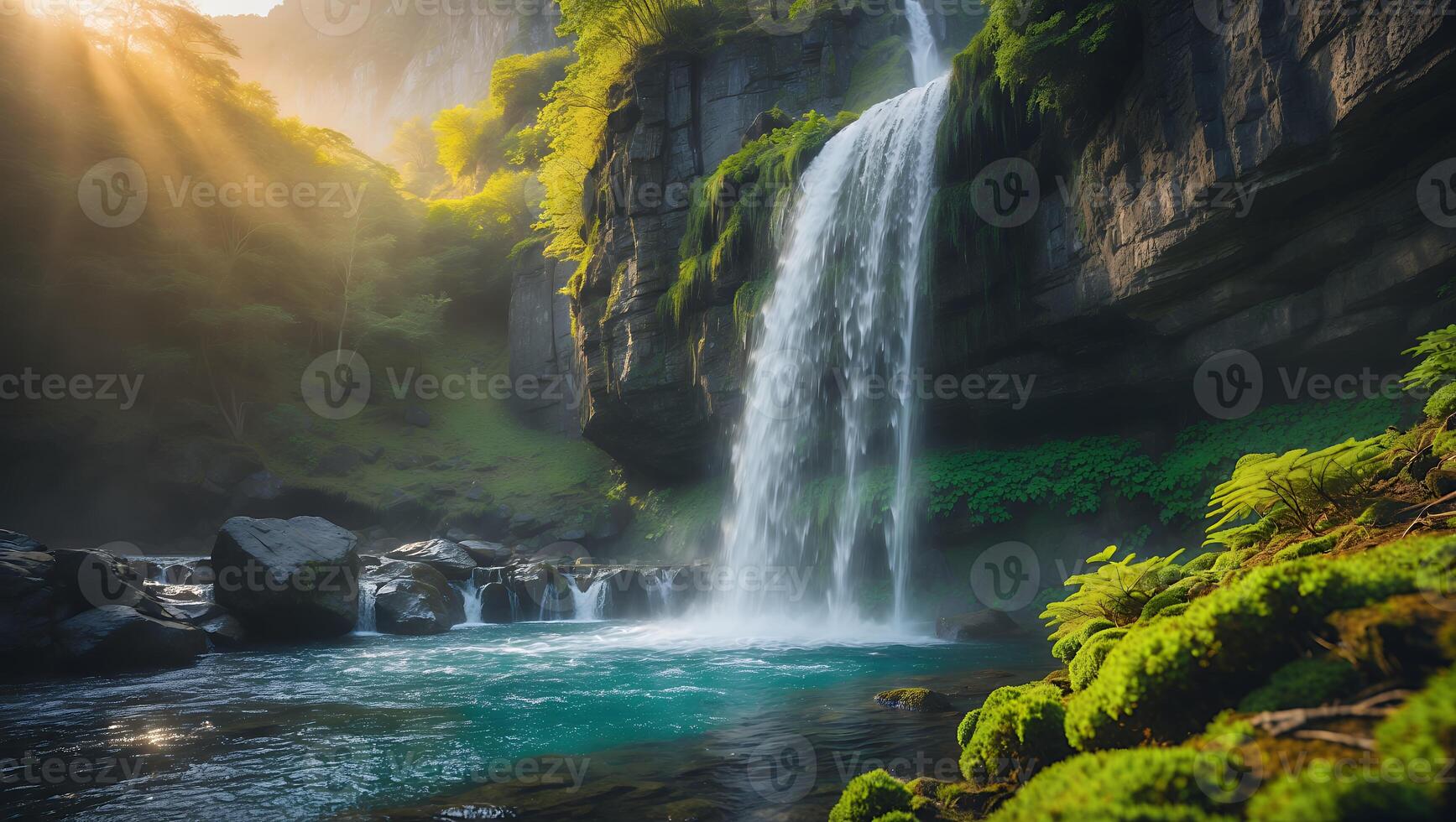 Waterfall Cascading Into Turquoise Pool Surrounded by Lush Greenery and Sunlight photo