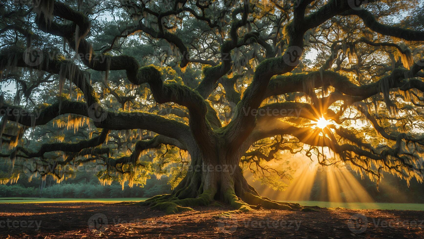 Majestic Old Tree Radiating Sunlight Through Mossy Branches at Sunrise photo