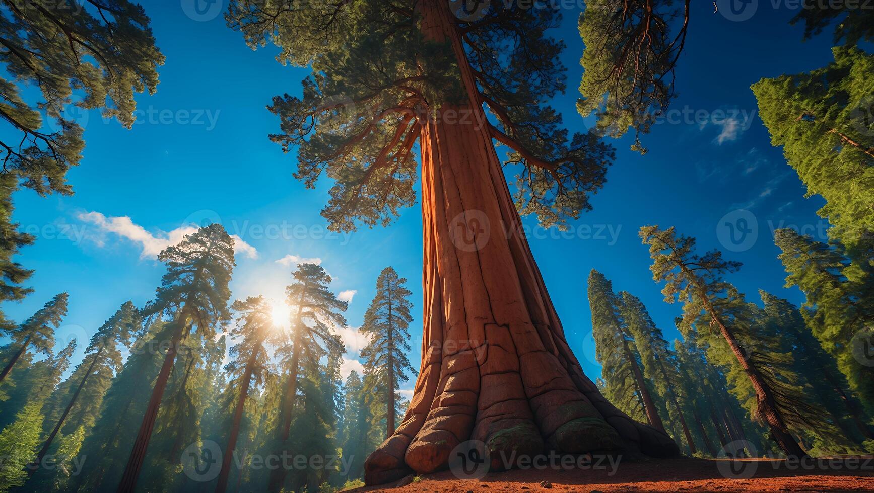 Majestic Giant Sequoia Tree Reaching for Blue Sky in Sunny Forest photo