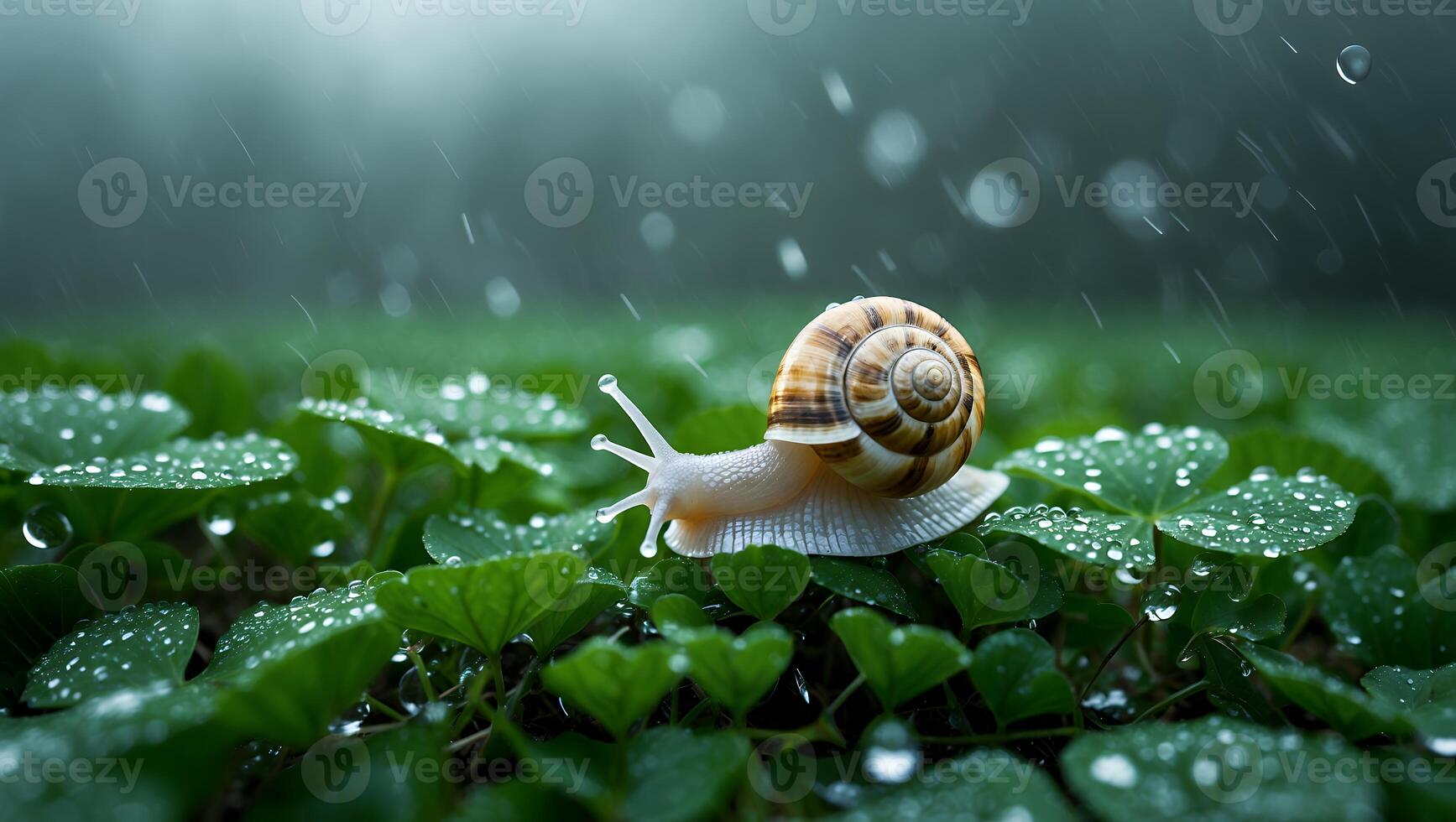 Snail Crawling on Green Plants During Rainfall in Soft Focus photo