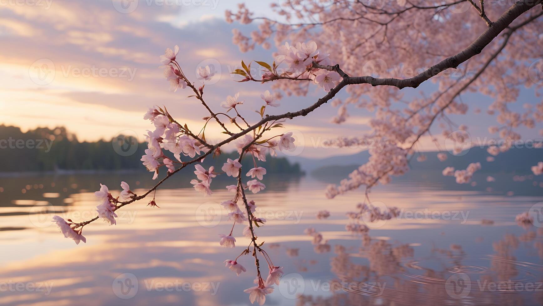 Cherry Blossoms Branch Over Calm Water at Sunset with Soft Light photo