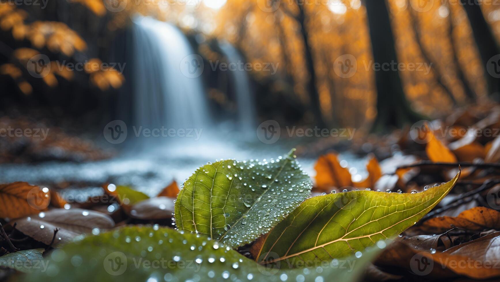 Leaves with Water Droplets Near Waterfall in Autumn Forest Scene photo
