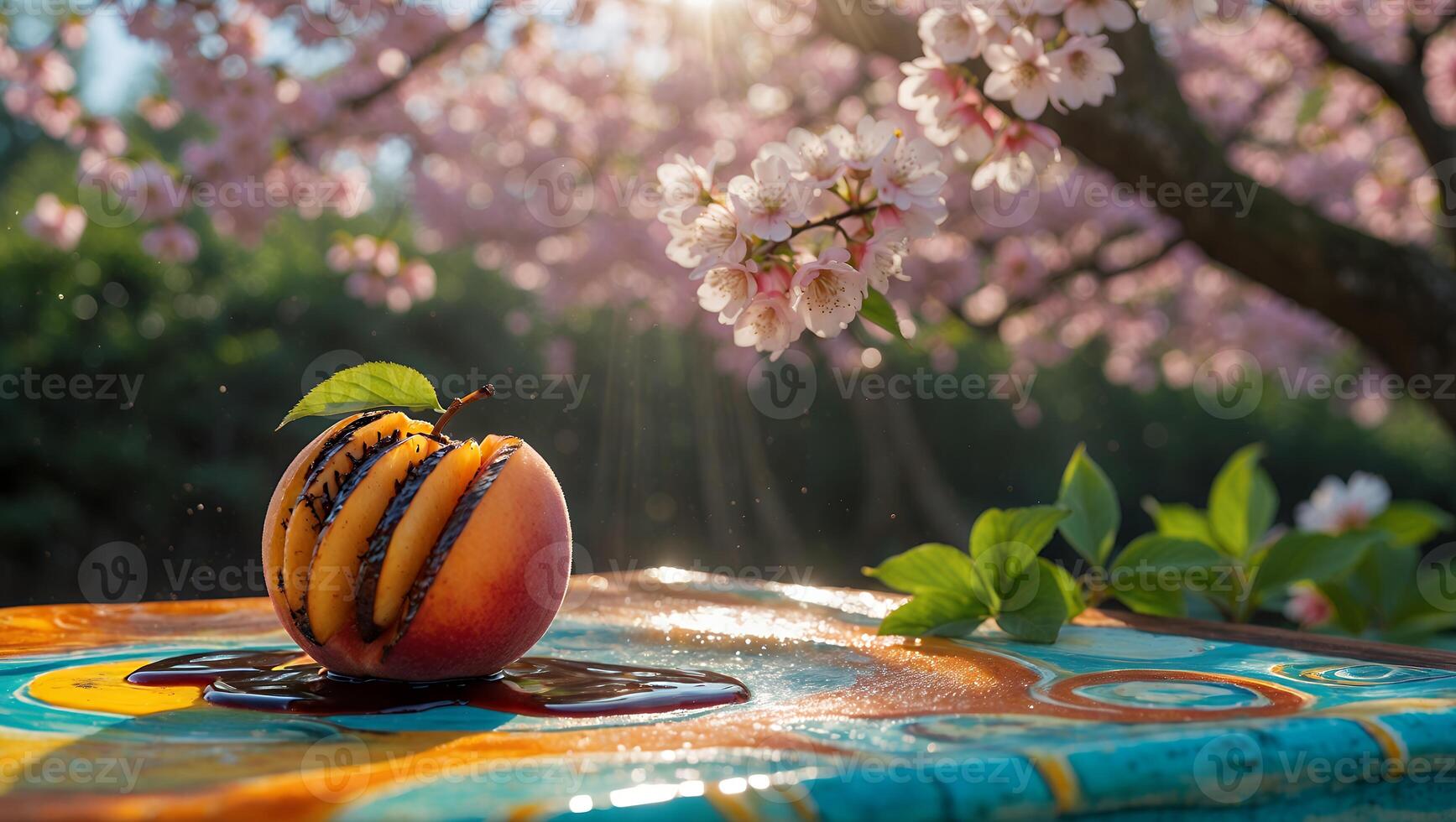 Peach with Chocolate Drizzle on Decorative Table with Cherry Blossoms photo