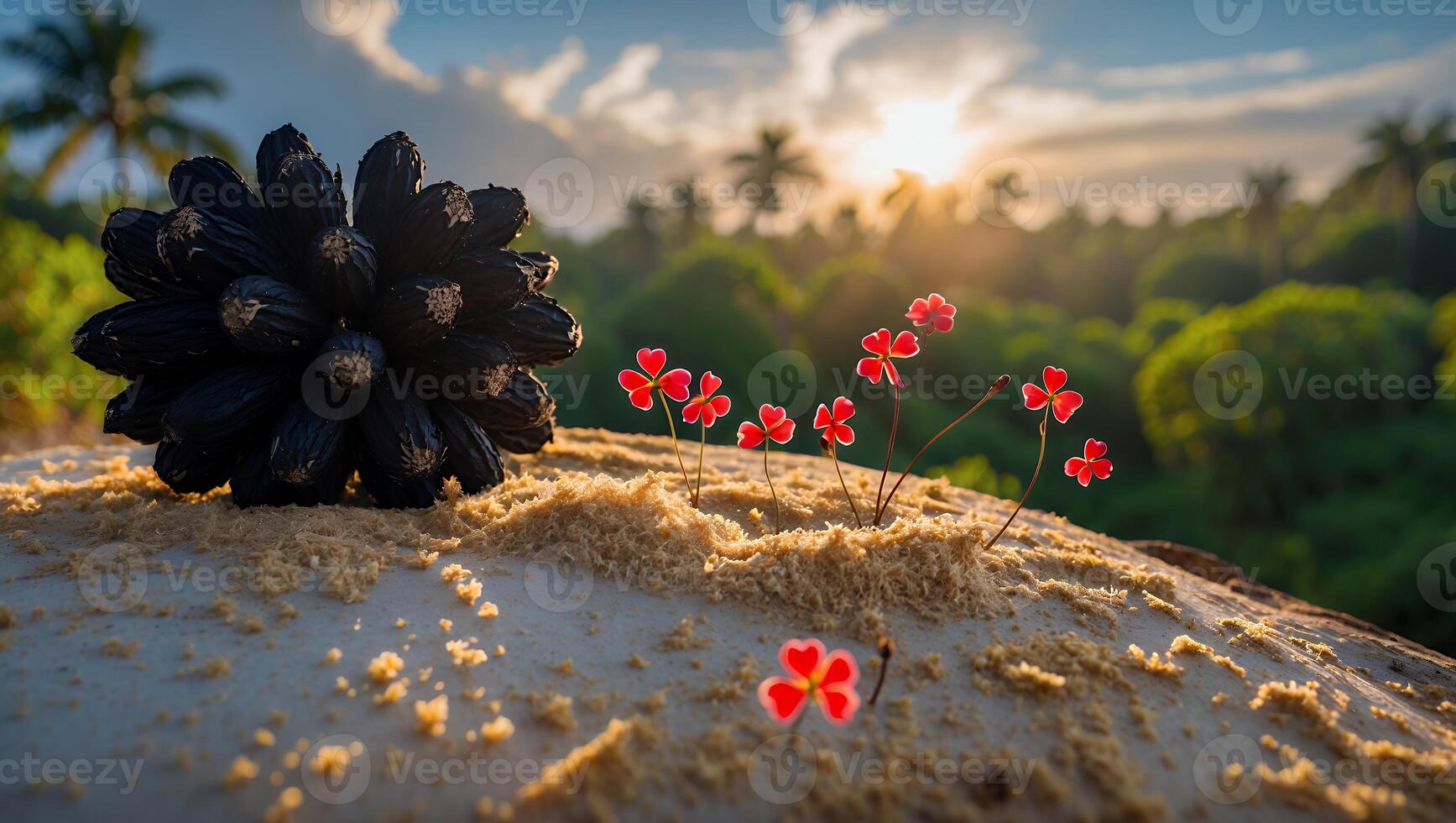 Seed Pod and Tiny Red Flowers on Sandy Surface at Sunset photo