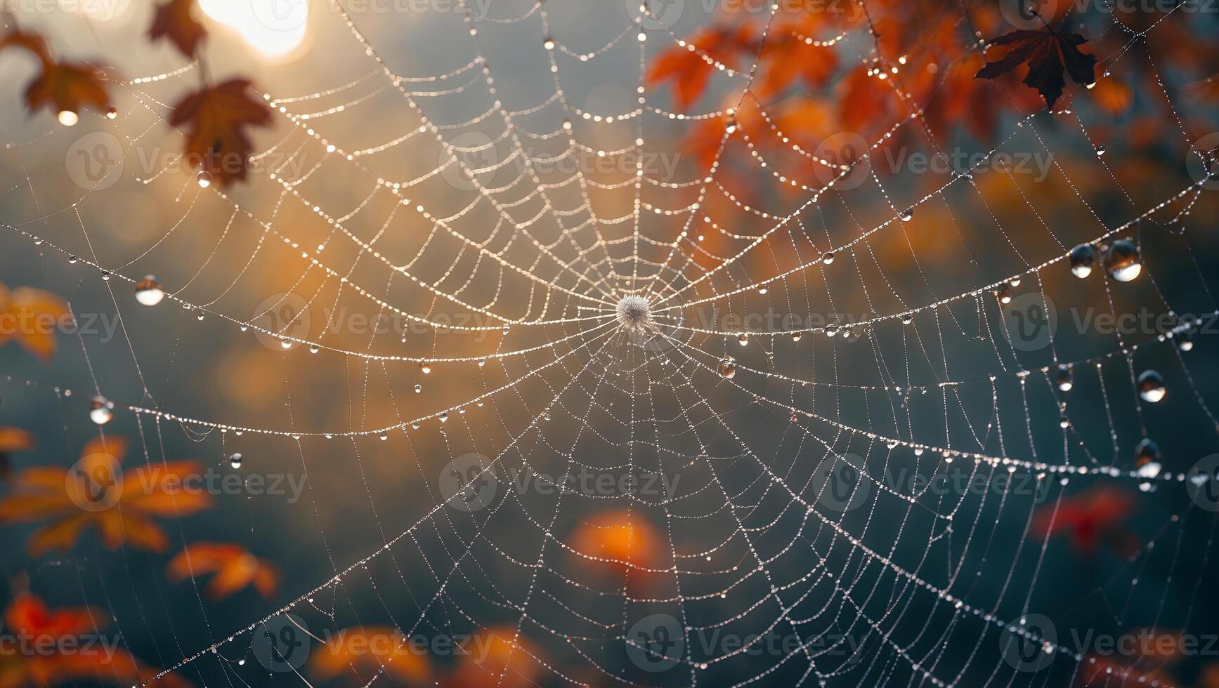 Spiderweb Covered in Dew Drops with Autumn Leaves Around photo