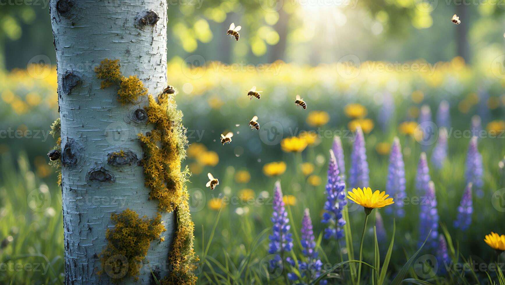 Bees Flying Around Tree in Meadow with Wildflowers Blossoms photo