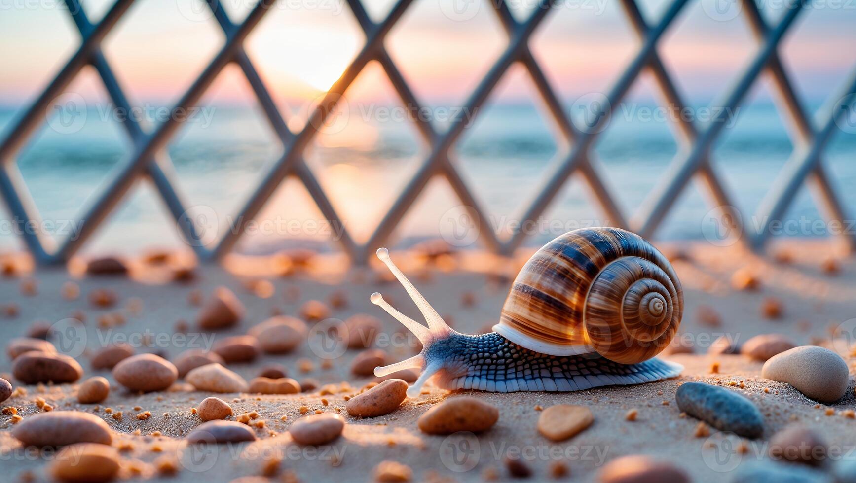 Snail Crawling on Sandy Beach at Sunset with Ocean View photo