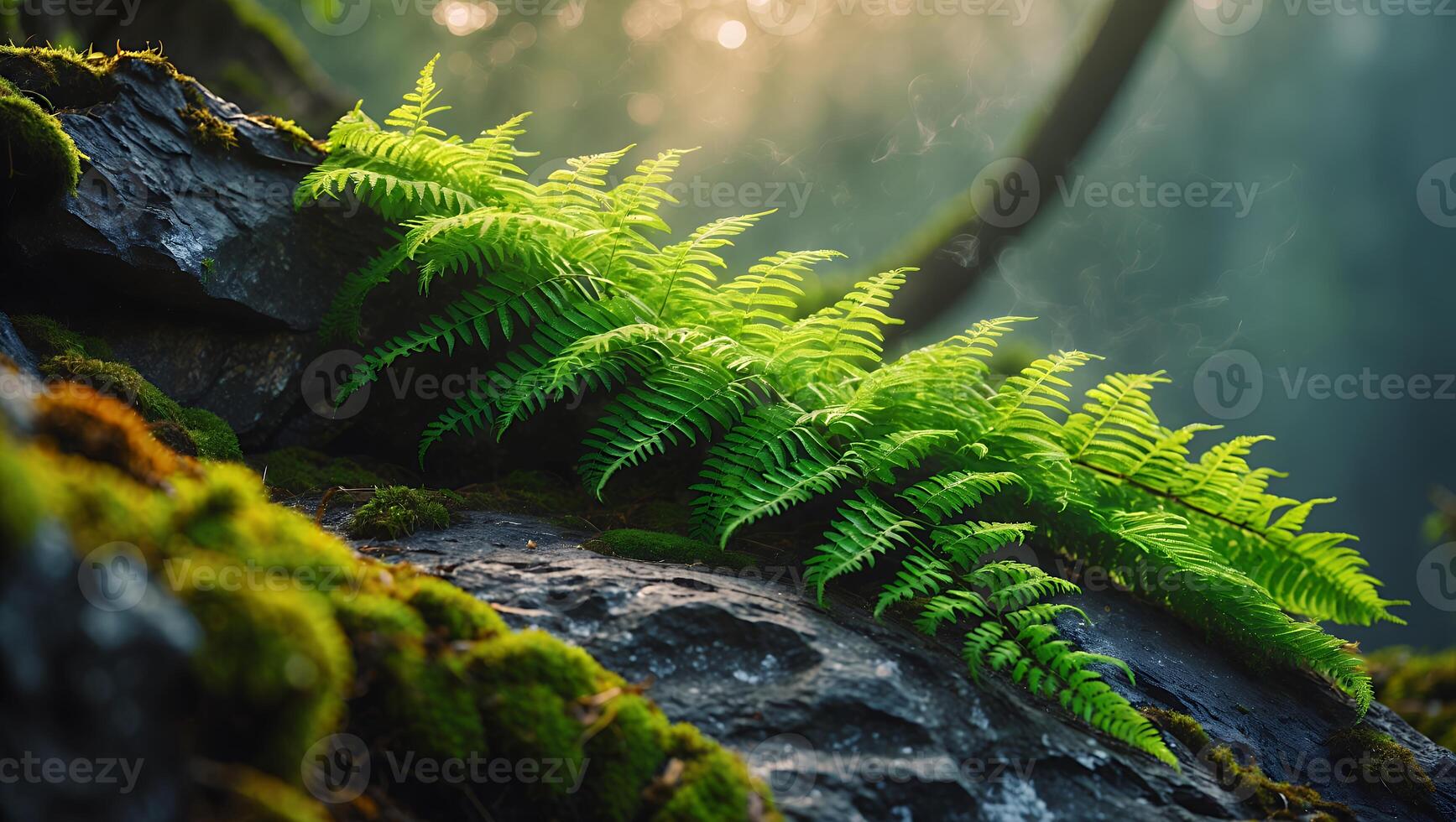 Fern Growing on Rock with Moss in Forest, Bright Sunlight photo