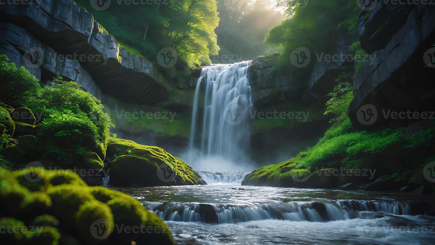 Waterfall Cascade Flowing Through Lush Green Forest Landscape Scenery photo