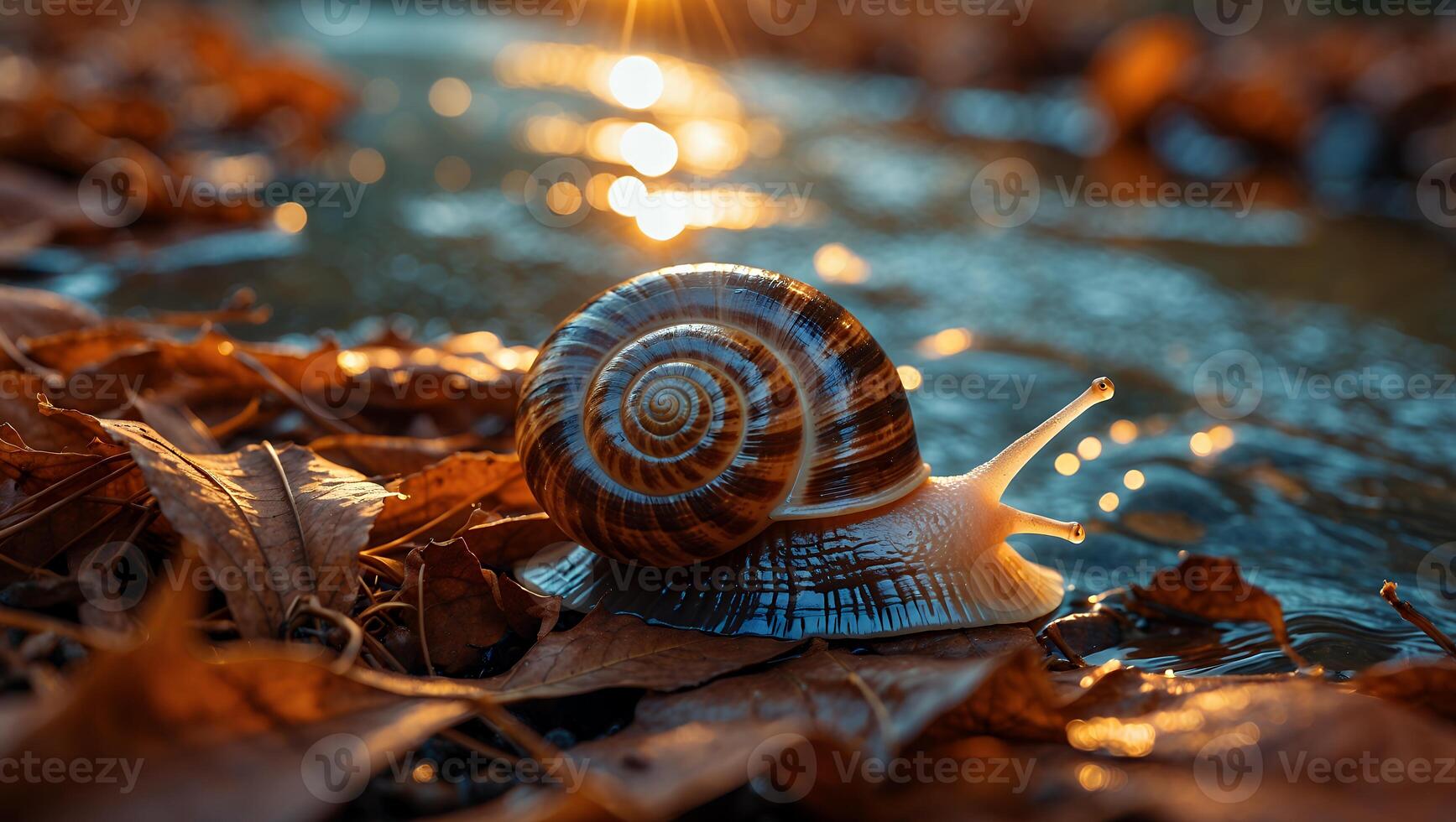 Snail Crawling on Fallen Leaves Near Water at Sunset with Bokeh photo