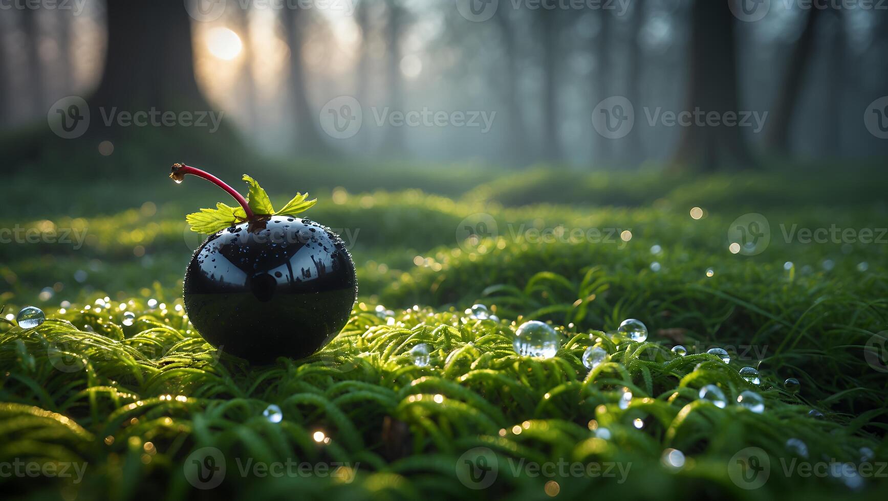 Ripe Berry Resting on Moss with Water Droplets in Forest photo