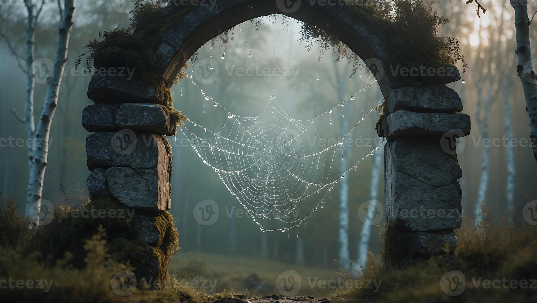 Spiderweb with Water Droplets on Stone Archway in Misty Forest photo
