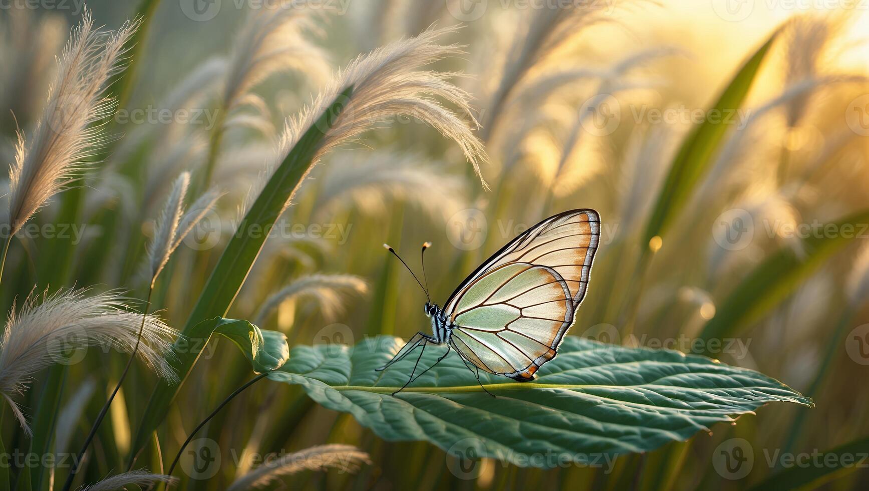 Butterfly Resting on Leaf in Meadow at Golden Hour Sunlight photo