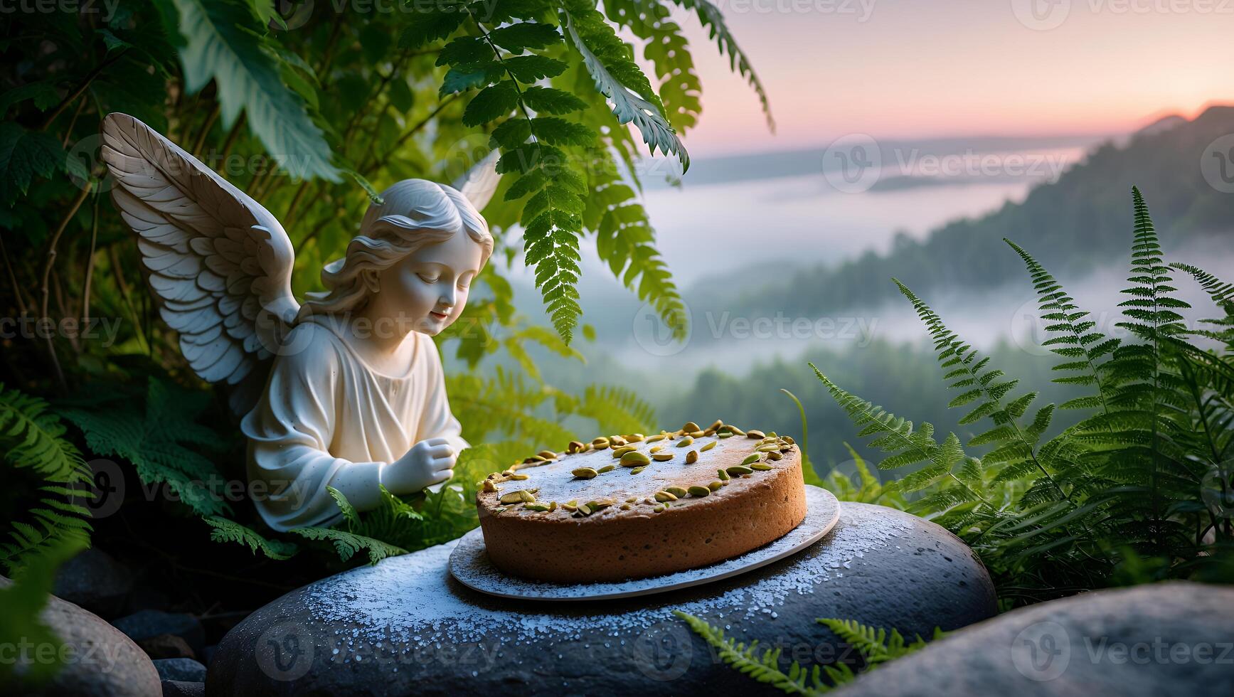 Angel Statue and Cake in a Foggy Forest at Dusk photo