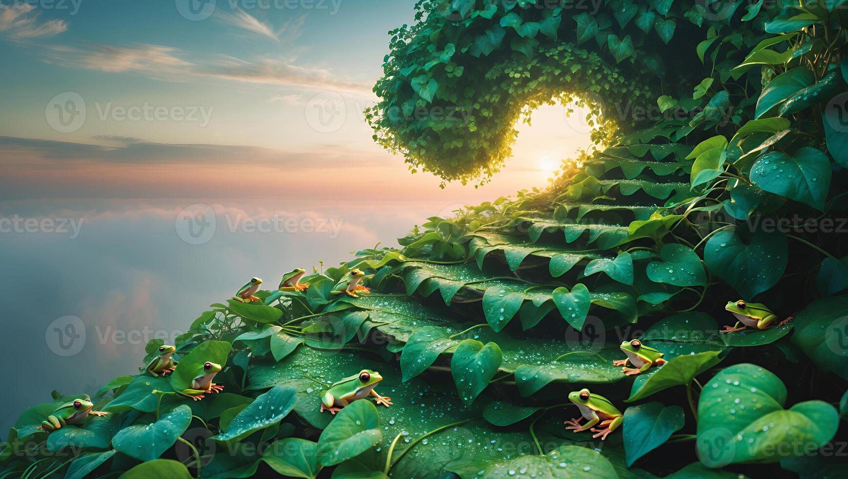 Frogs on Green Leaf Steps Towards Sky Fantasy Landscape Scene photo