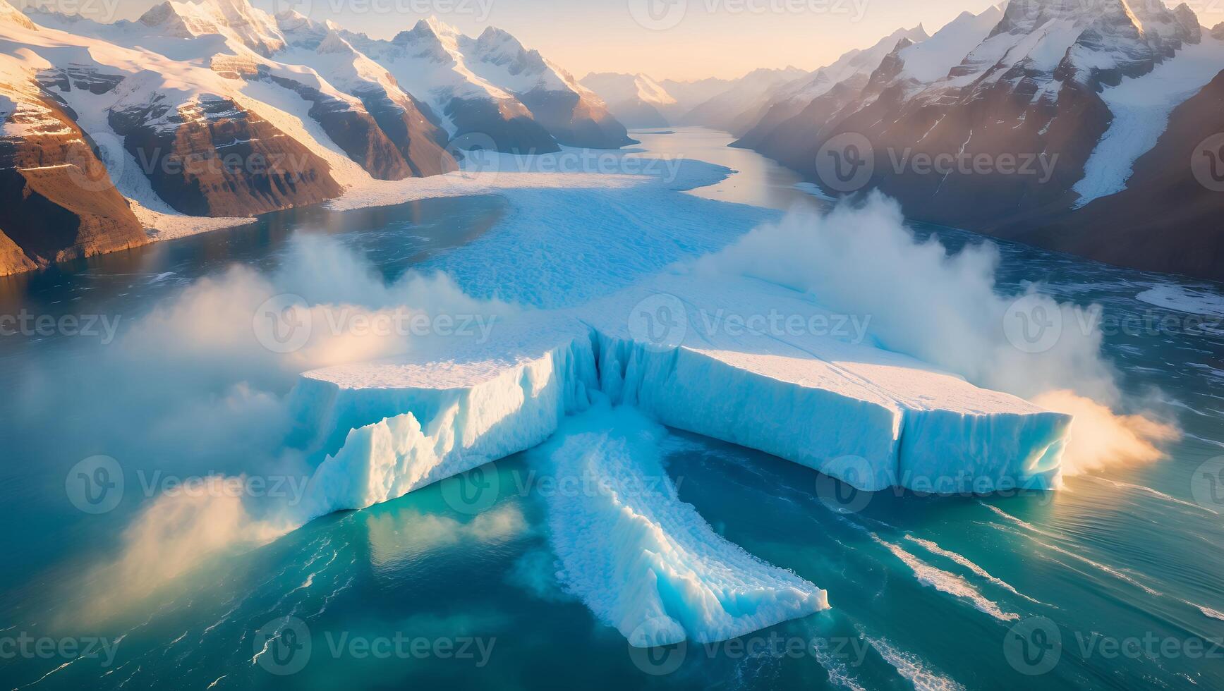 Massive Glacier Calving Into Ocean Surrounded by Snowy Mountain Peaks photo