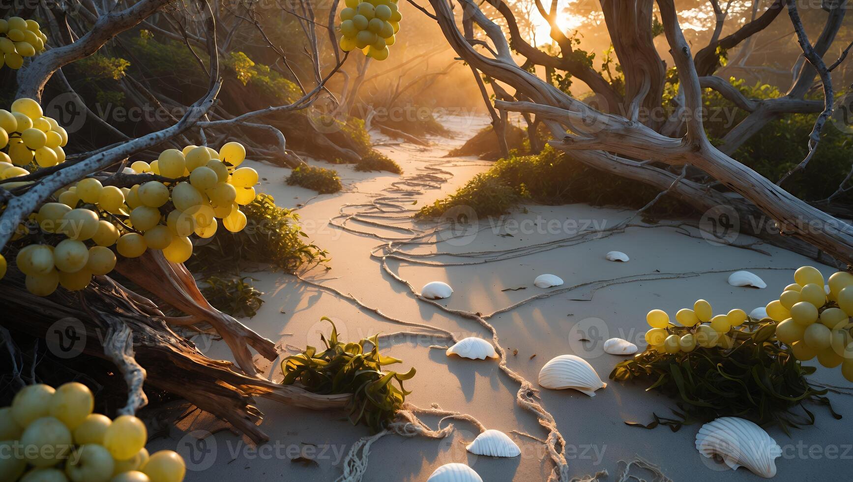 Sandy Beach Path with Seashells and Grapes at Golden Hour photo