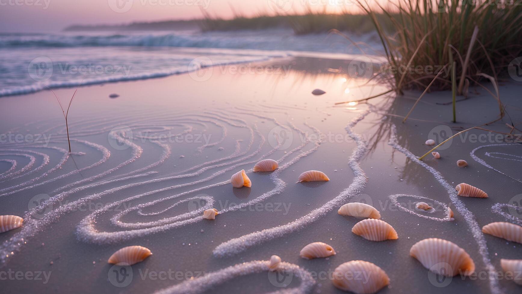 Seashells on Sandy Beach with Pattern at Sunset Creates Serene Scene photo