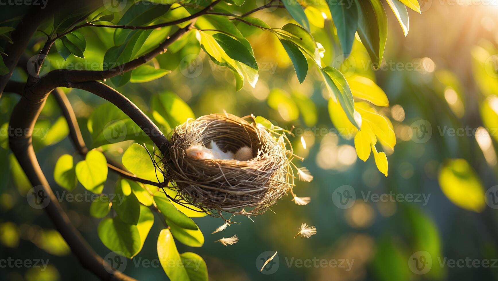 Bird Nest on Branch with Eggs and Feathers in Sunlight photo