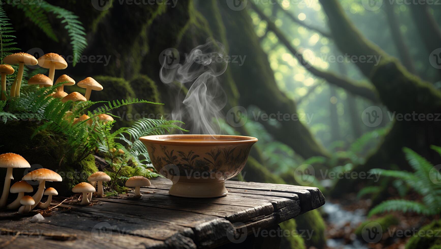Steaming Bowl on Wooden Surface in Forest with Mushrooms photo