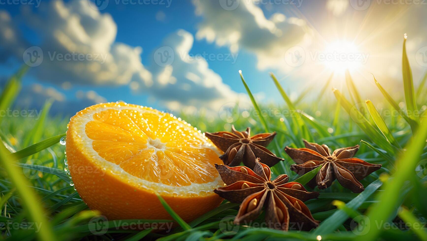 Orange Slice and Star Anise Resting in Green Grass with Sky photo