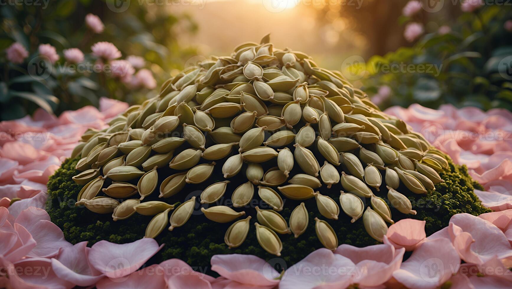 Pile of Seeds on Moss with Flower Petals at Sunset photo