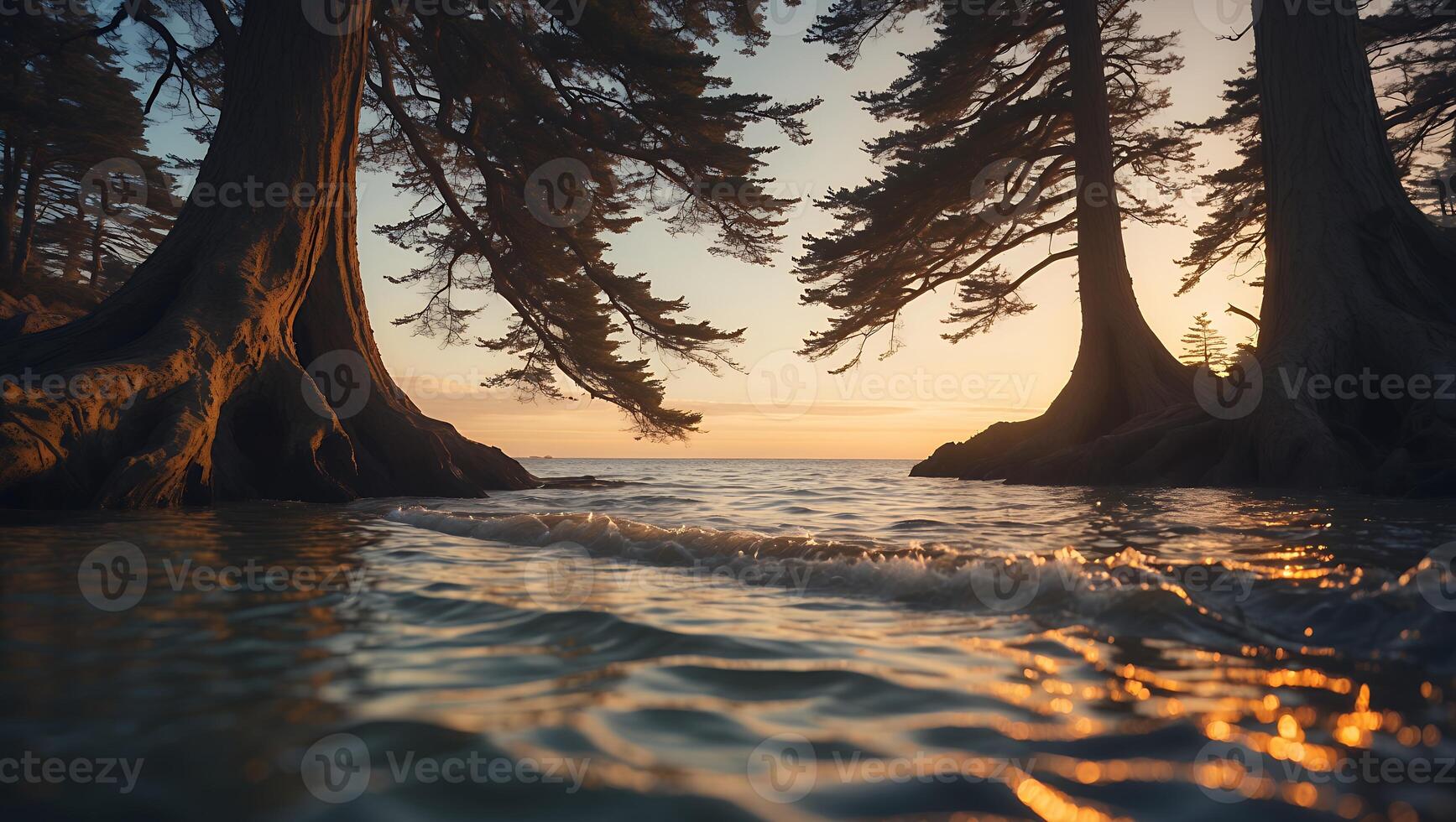 Ocean Waves Crashing Onto Shoreline at Sunset with Majestic Trees photo