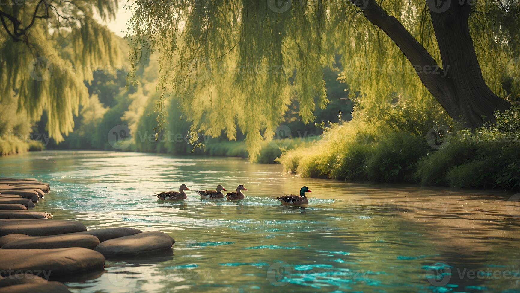 Ducks Swimming Gently Down River Surrounded by Lush Green Foliage photo