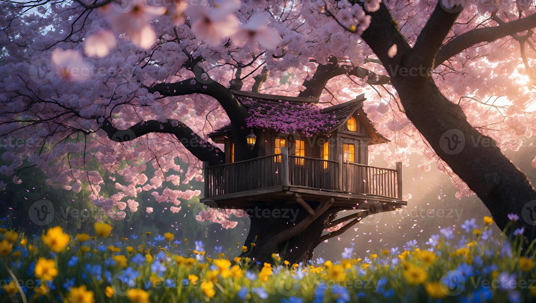 Fantasy Treehouse in Spring Blossom Garden with Warm Light photo