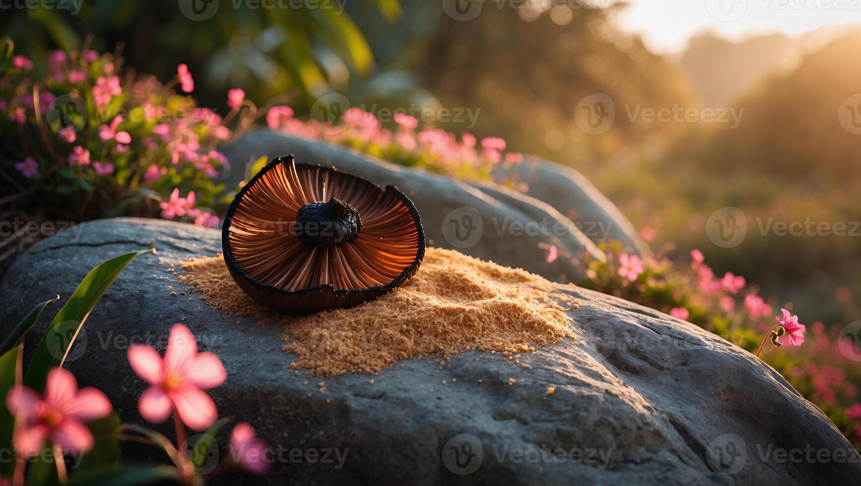 Mushroom with Spores on Rock Surrounded by Small Pink Flowers photo