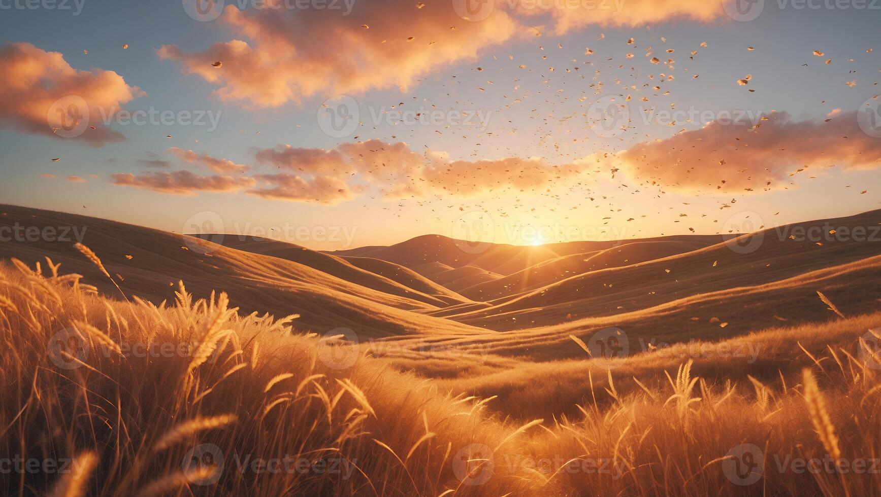 Golden Field at Sunset with Hilly Landscape and Warm Sunlight photo
