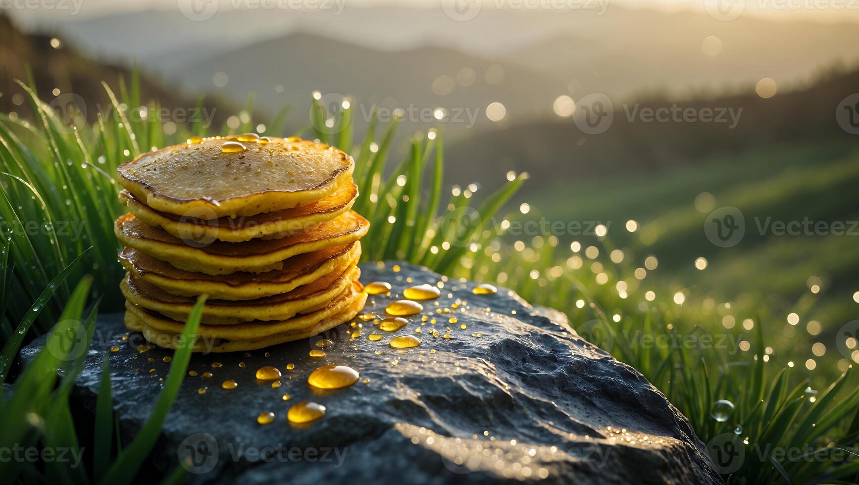 Stack of Pancakes Outdoors on Stone with Syrup in Golden Light photo