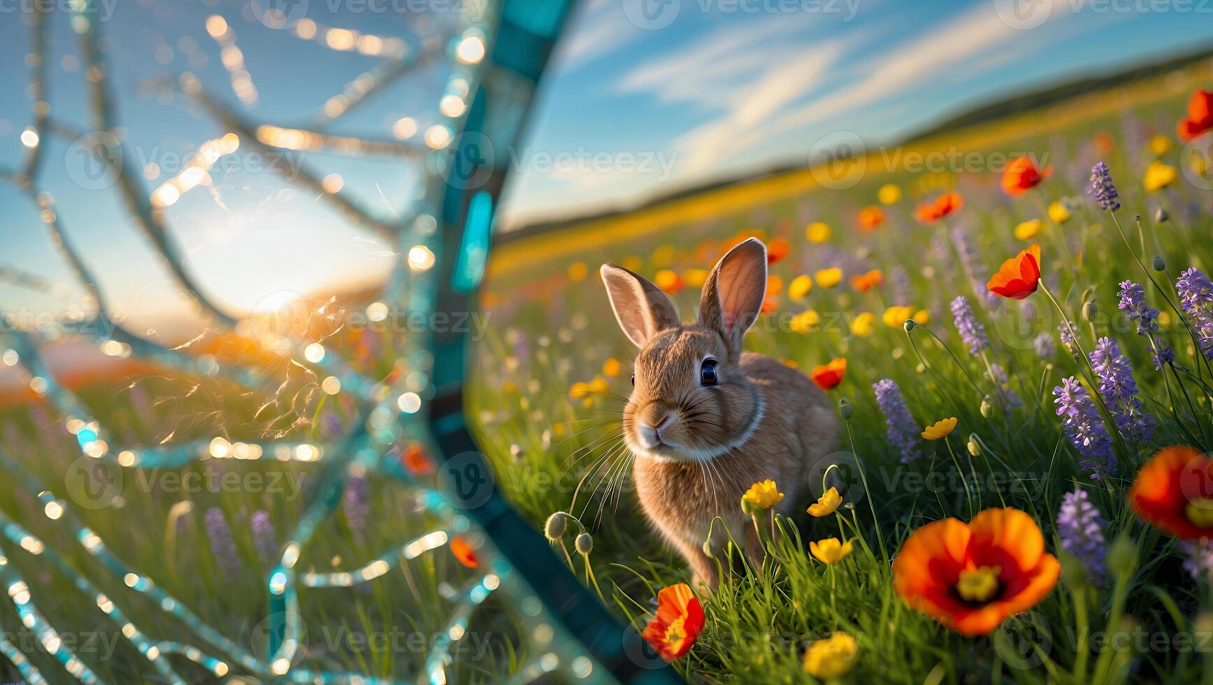 Rabbit Sitting in a Meadow of Colorful Flowers with Dreamcatcher photo