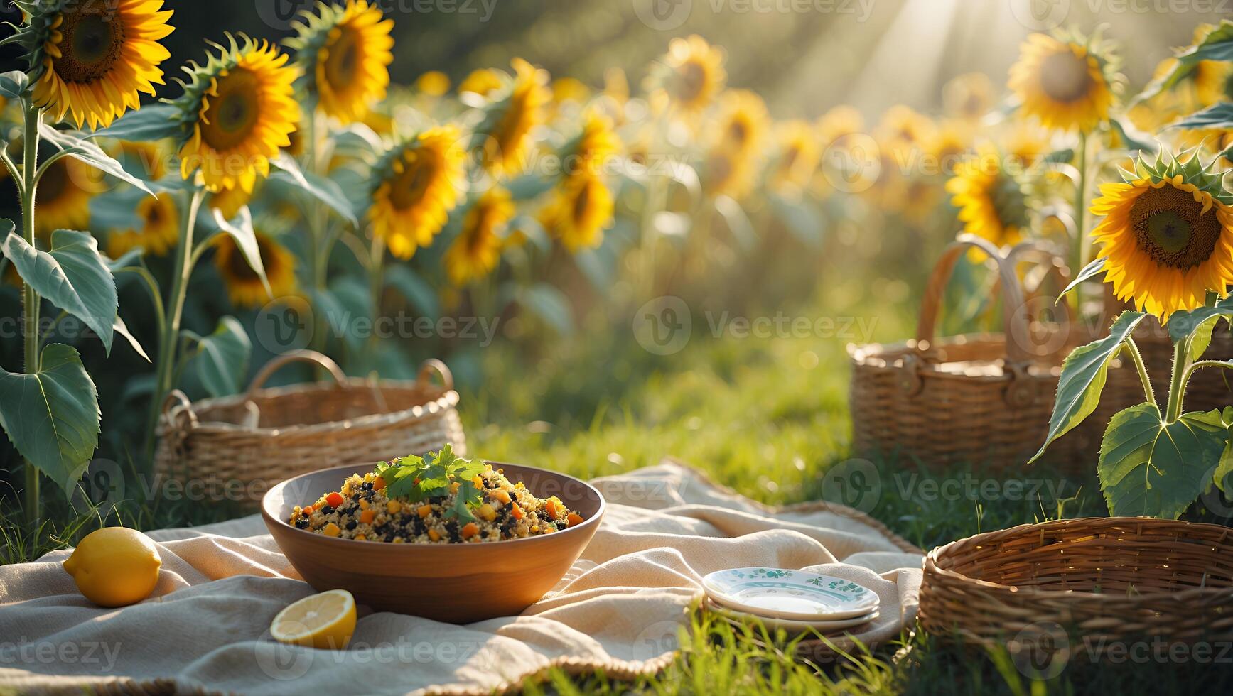 Picnic in Sunflower Field with Grain Salad and Lemons photo