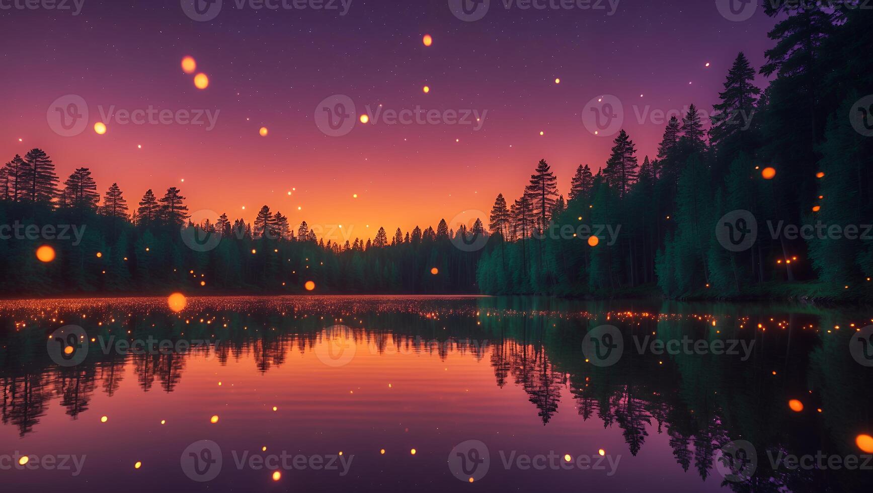 Reflecting Forest Lake at Dusk with Fireflies and Colorful Sky photo