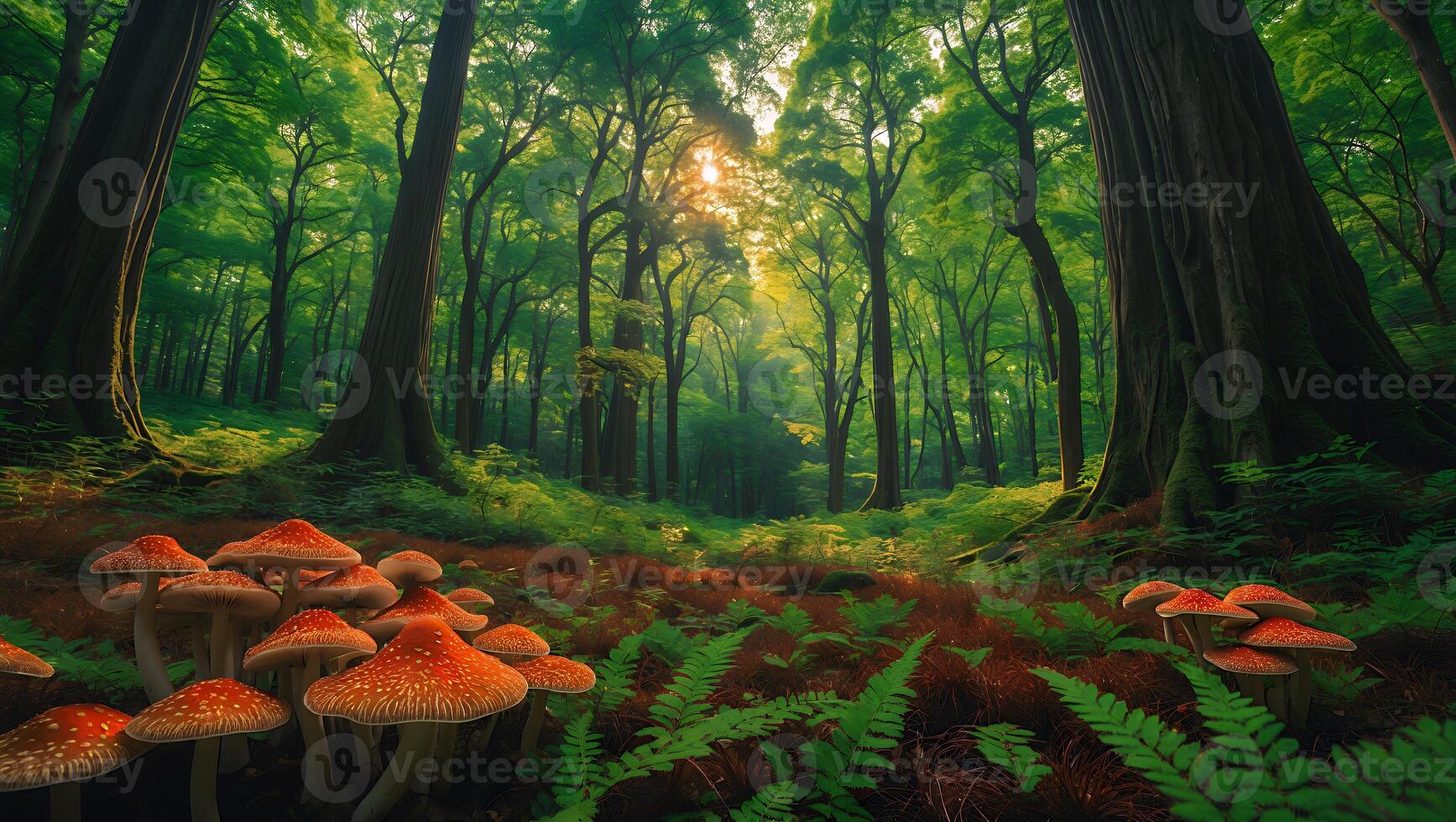 Mushrooms and Trees in Forest with Sunlight Streaming Through Canopy photo