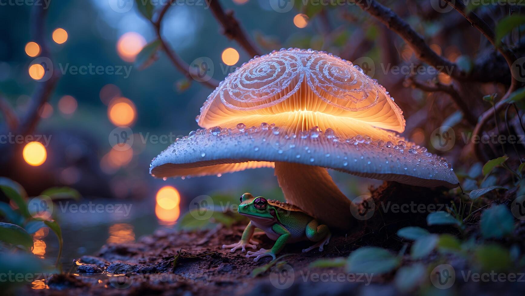 Green Frog Sitting Under a Glowing Mushroom in Enchanted Forest photo
