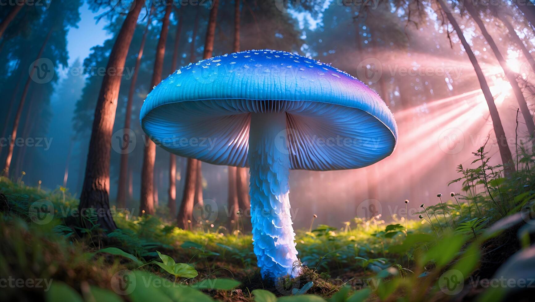 Glowing Blue Mushroom in Forest with Sun Rays Through Trees photo