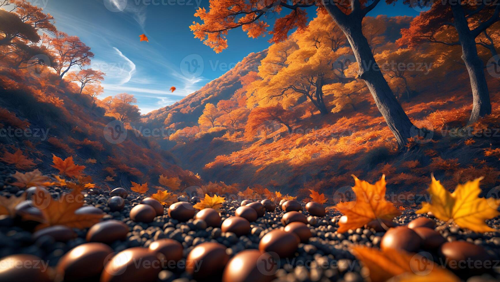 Autumn Leaves and Chestnuts on a Forest Path in Fall photo