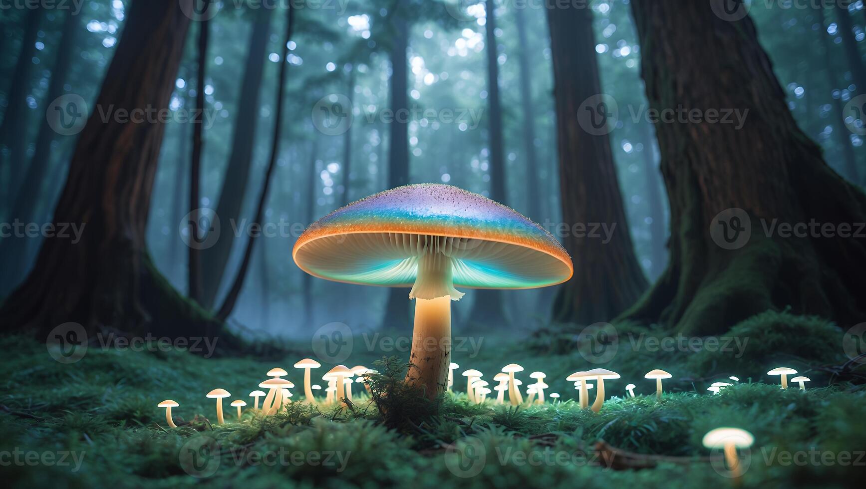 Glowing Mushrooms in Enchanted Forest with Dreamy Atmosphere and Mossy Ground photo