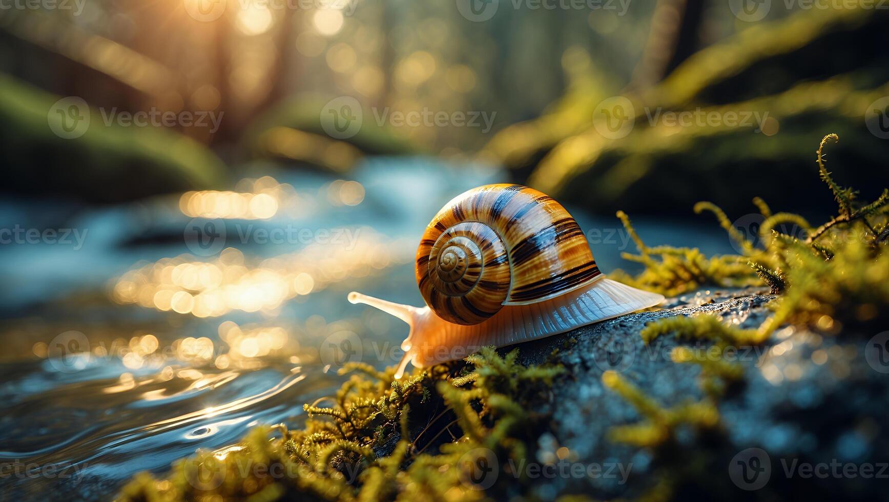 Snail Crawling Near Stream Surrounded by Moss in Golden Sunlight photo