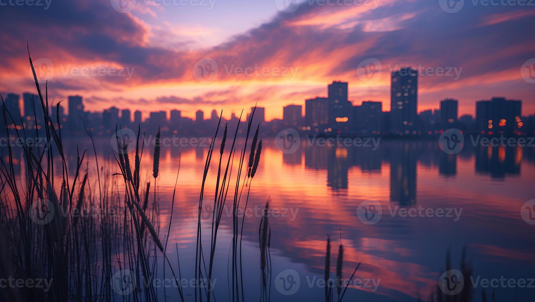 City Skyline Reflected in Water at Sunset with Tall Grasses photo