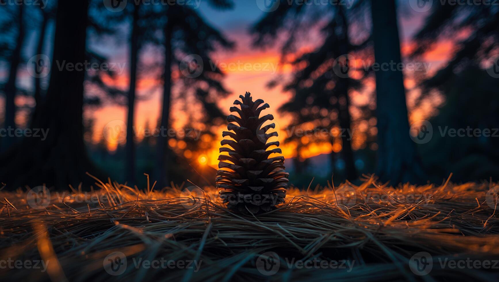 Pine Cone in Forest at Sunset with Glowing Sky and Needles photo