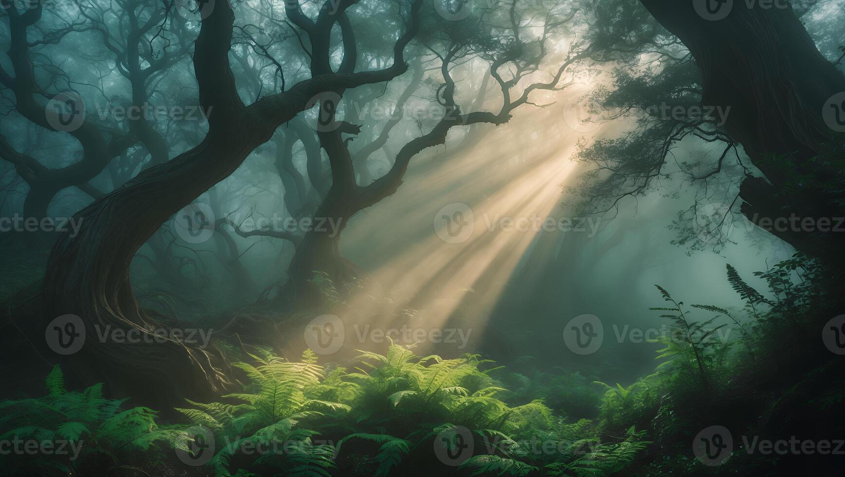 Sunlight Streaming Through Misty Forest with Ferns and Twisted Trees photo